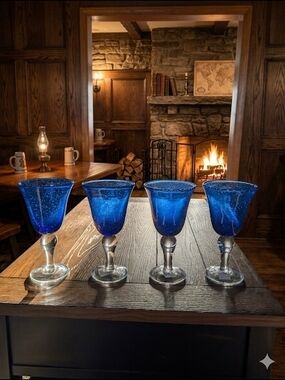 Artland Iris Cobalt Blue Seeded Glass Goblets - Set of 4